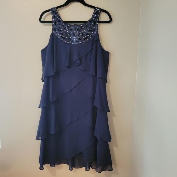 S.L. Fashions Navy Blue Tiered Mini Formal Party Dress. Size 14 - Picture 3 of 10